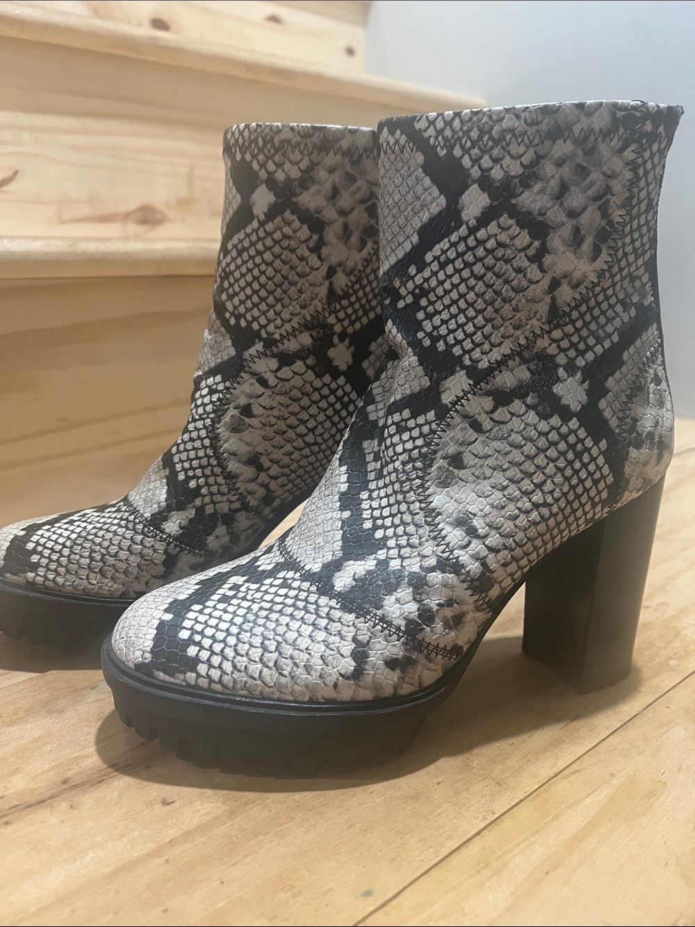 Vince Camuto Black and White Snake-Print Platform Ankle Boots